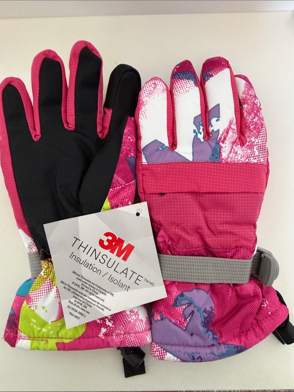 3M (Sz Small)  Bright Pink Kids Snow Mittens with Multicolor Print